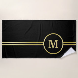 Elegant gold Personalised  Monogram on black  Beach Towel