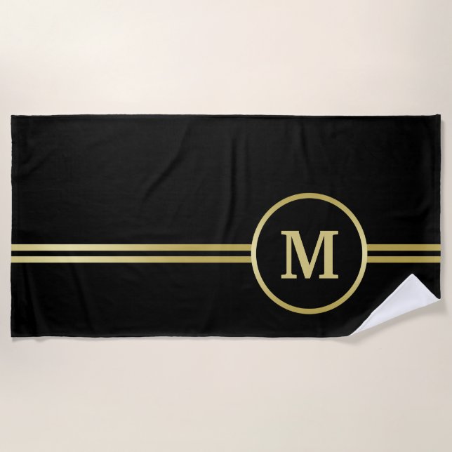 Elegant gold Personalised  Monogram on black  Beach Towel (Front)