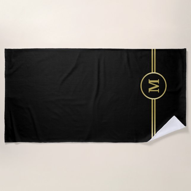 Elegant gold Personalised  Monogram on black  Beach Towel (Front)