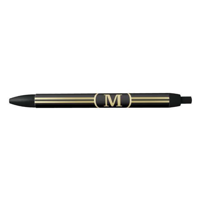 Elegant gold Personalised  Monogram on black  Black Ink Pen (Front)