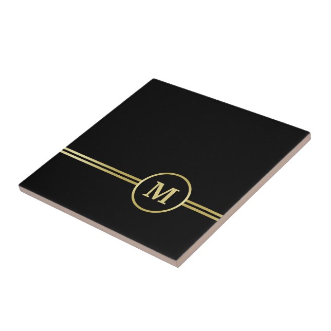 Elegant gold Personalised  Monogram on black  Ceramic Tile (Side)