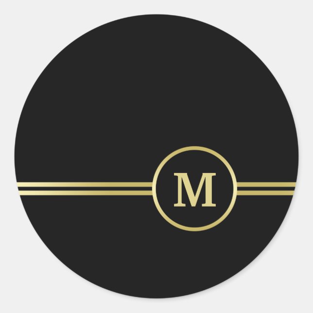 Elegant gold Personalised  Monogram on black  Classic Round Sticker (Front)