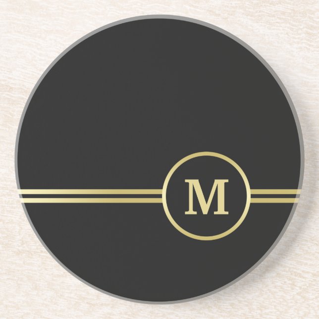 Elegant gold Personalised  Monogram on black  Coaster (Front)