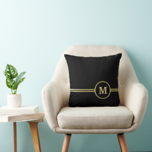 Elegant gold Personalised  Monogram on black  Cushion