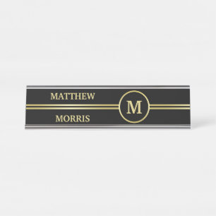 Elegant gold Personalised  Monogram on black  Desk Name Plate