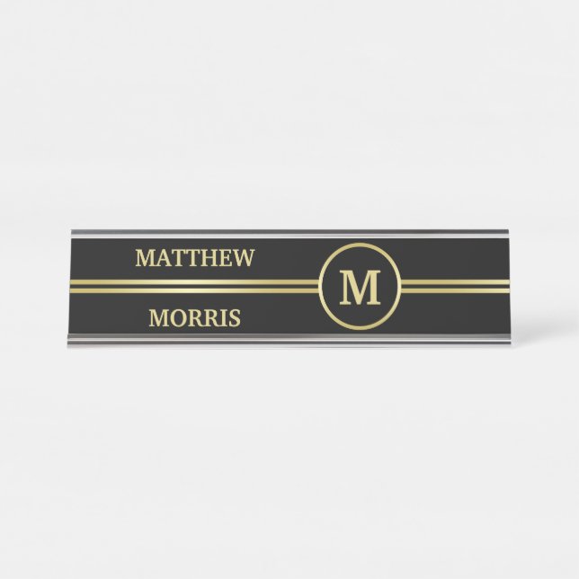 Elegant gold Personalised  Monogram on black  Desk Name Plate (Front)