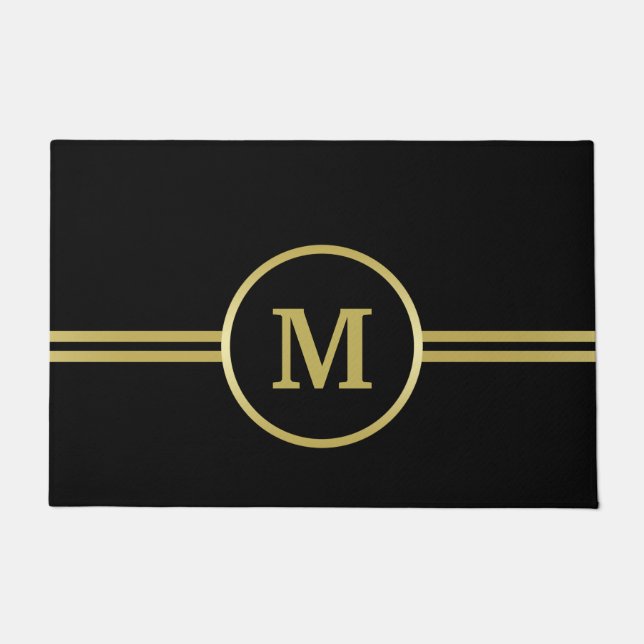 Elegant gold Personalised  Monogram on black  Doormat (Front)