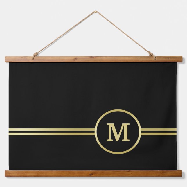 Elegant gold Personalised  Monogram on black  Hanging Tapestry (Front)