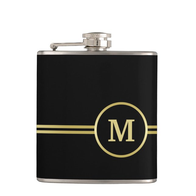 Elegant gold Personalised  Monogram on black  Hip Flask (Front)