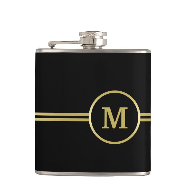 Elegant gold Personalised  Monogram on black  Hip Flask (Front)