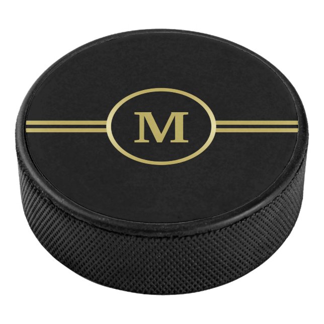 Elegant gold Personalised  Monogram on black  Hockey Puck (3/4)