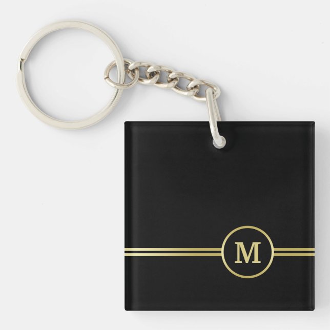 Elegant gold Personalised  Monogram on black  Key Ring (Front)