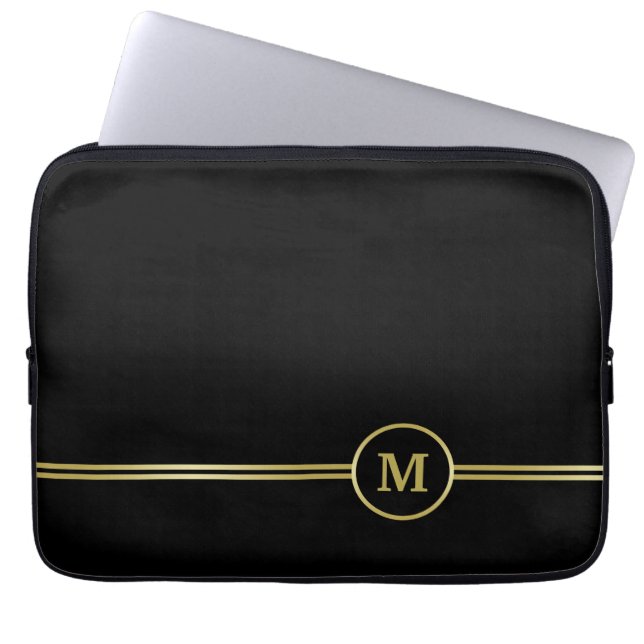 Elegant gold Personalised  Monogram on black  Laptop Sleeve (Front)