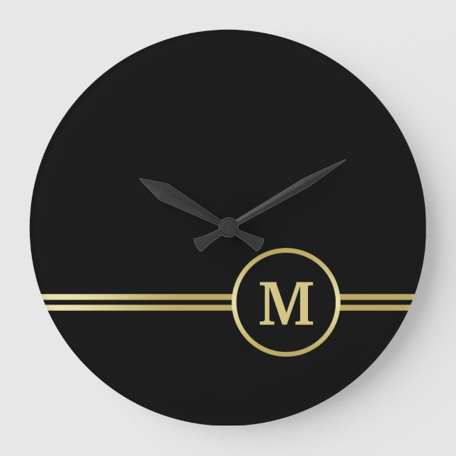 Elegant gold Personalised  Monogram on black  Large Clock (Front)