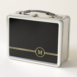Elegant gold Personalised  Monogram on black  Metal Lunch Box
