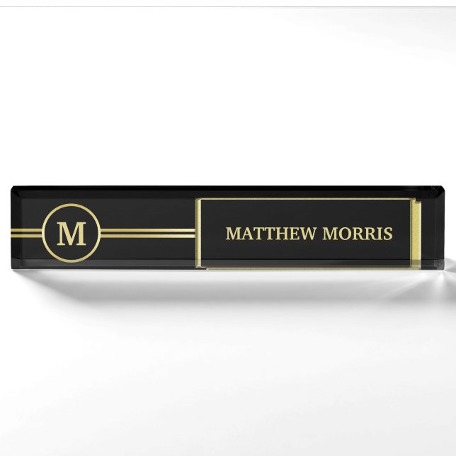 Elegant gold Personalised  Monogram on black  Nameplate (Front)