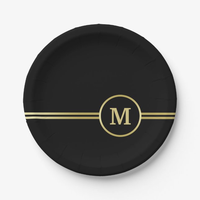 Elegant gold Personalised  Monogram on black  Paper Plate (Front)