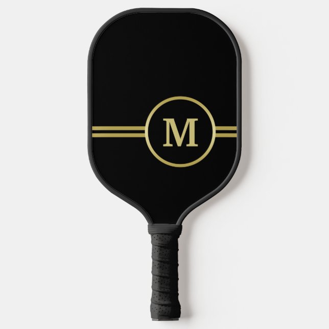 Elegant gold Personalised  Monogram on black  Pickleball Paddle (Front)