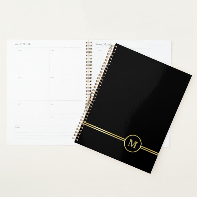 Elegant gold Personalised  Monogram on black  Planner (Display)
