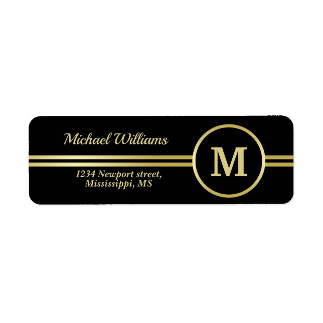 Elegant gold Personalised  Monogram on black  Return Address Label (Front)