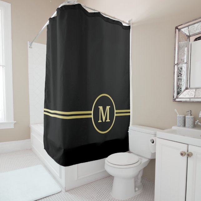 Elegant gold Personalised  Monogram on black  Shower Curtain (In Situ)