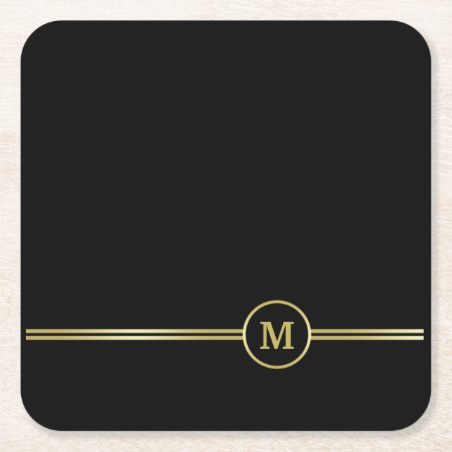 Elegant gold Personalised  Monogram on black Square Paper Coaster (Front)