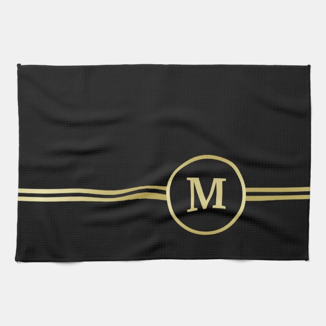 Elegant gold Personalised  Monogram on black  Tea Towel (Horizontal)