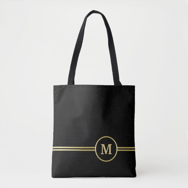Elegant gold Personalised  Monogram on black  Tote Bag (Front)