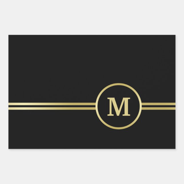 Elegant gold Personalised  Monogram on black  Wrapping Paper Sheet (Front)