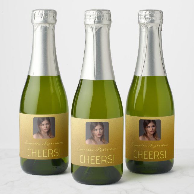 Elegant Gold Personalised Photo Name Script Mini Sparkling Wine Label (Bottles)