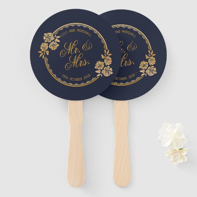 Elegant Gold Personalised Wedding | Hand Fans (Front and Back)