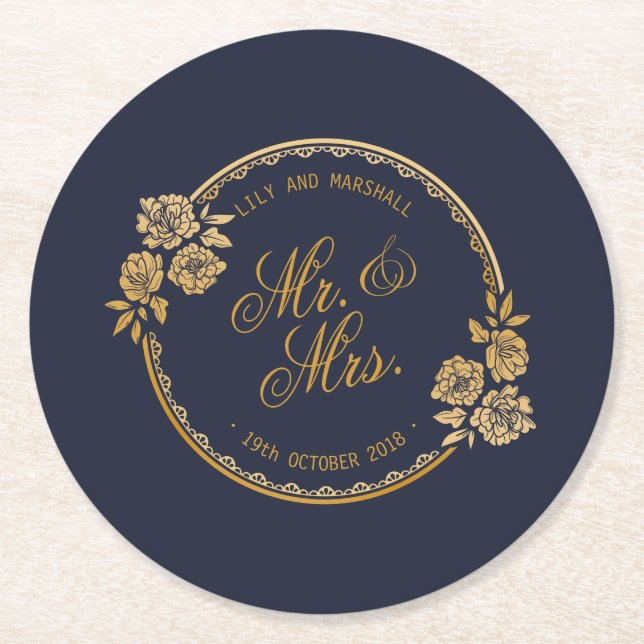 Elegant Gold Personalised Wedding | Paper Coaster (Front)