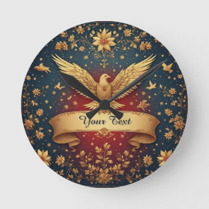 Elegant Gold Phoenix Frame With Floral Motifs Round Clock