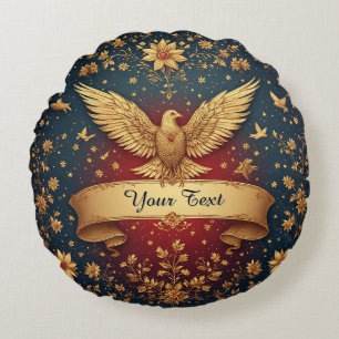 Elegant Gold Phoenix Frame With Floral Motifs Round Cushion