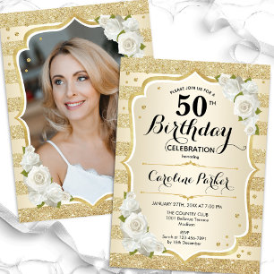 Elegant Gold Photo 50th Birthday Invitation