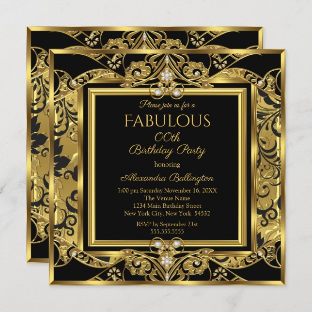 Elegant Gold Photo Birthday Party Black Floral Invitation (Front/Back)