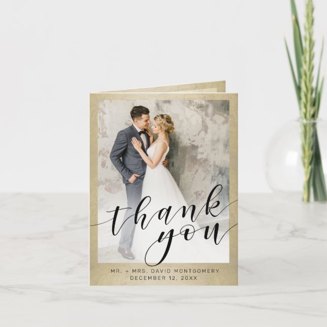 Elegant Gold Photo Black Script Wedding Thank You (Front)