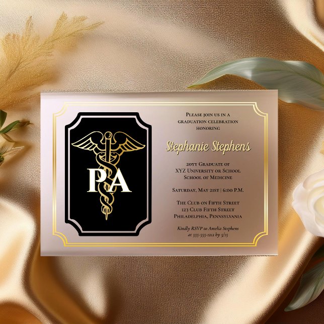 Elegant Gold Physicians Assistant Graduation Party Acrylic Invitations (Elegant Gold Tone and Black Physician's Assistant PA Graduation Party Acrylic Invitations)