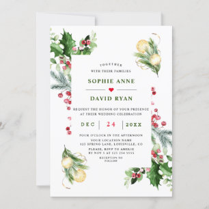 Elegant Gold Pine Berry Christmas Wedding Invitation