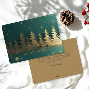 Elegant Gold Pine Forest Silhouette on Emerald  Holiday Card