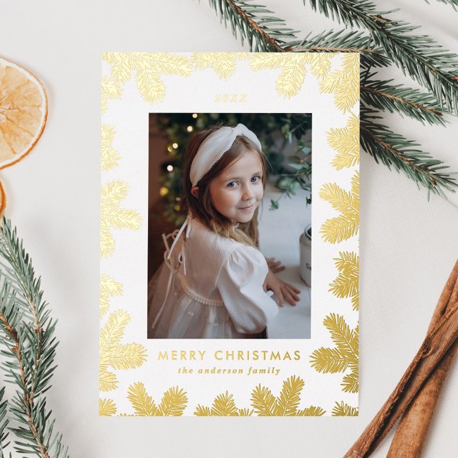 Elegant Gold Pine Frame Photo Foil Holiday Card (Creator Uploaded)
