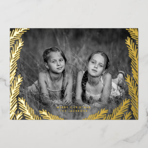 Elegant GOLD Pine Leaf Frame Merry Christmas Photo Foil Holiday Card