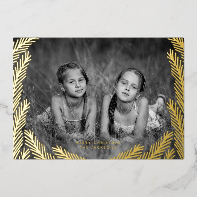 Elegant GOLD Pine Leaf Frame Merry Christmas Photo Foil Holiday Card (Front)