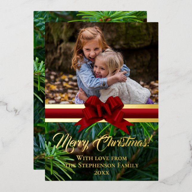 Elegant Gold Pine Red Bow Christmas Photo Foil Holiday Card (Front/Back)