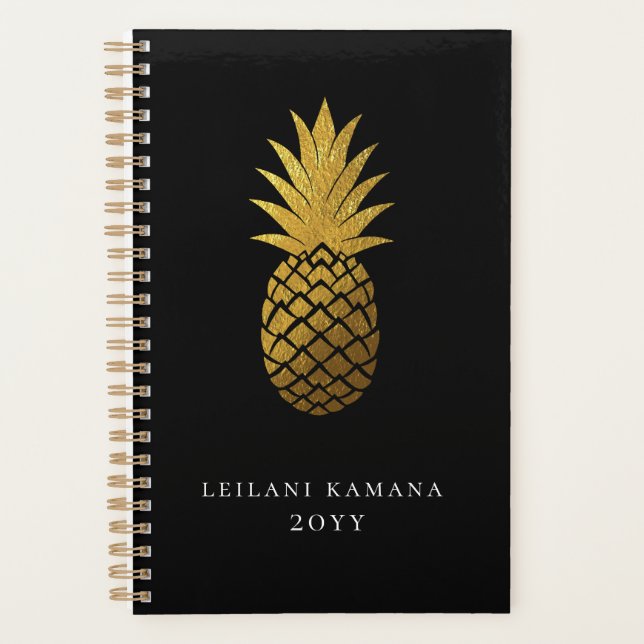 Elegant Gold Pineapple | Black Planner (Front)