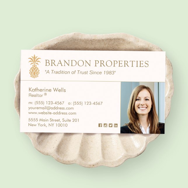 Elegant Gold Pineapple  Real Estate Agent Photo Bu Business Card (Creator Uploaded)