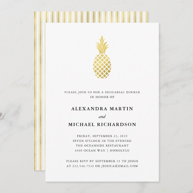 Elegant Gold Pineapple Rehearsal Dinner Invitation (Front/Back)