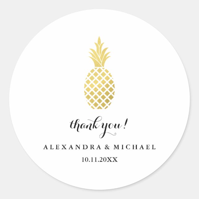 Elegant Gold Pineapple Wedding Thank You Classic Round Sticker (Front)