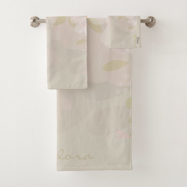 Elegant Gold Pink Abstract Floral Bath Towel Set (Insitu)