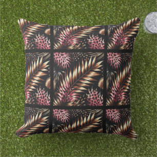 Elegant Gold, Pink and Black Jungle Leaf Pattern Cushion